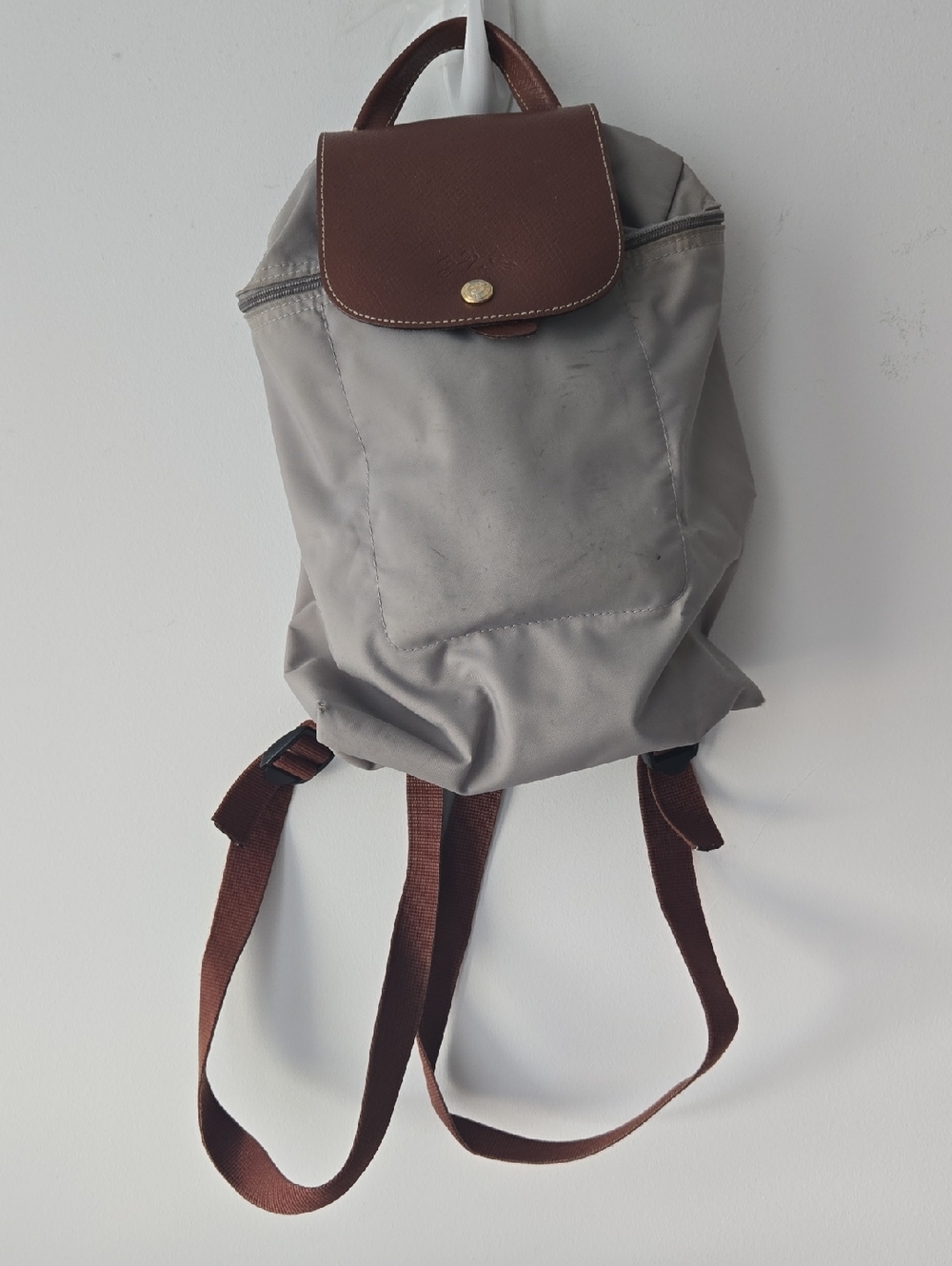 *HEAVILY USED* Longchamp Compact Gray Backpack with Brown Accents